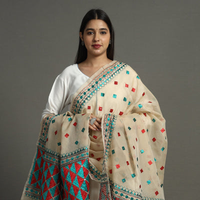 Beige - Phulkari Hand Embroidery Chanderi Silk Cotton Dupatta 25