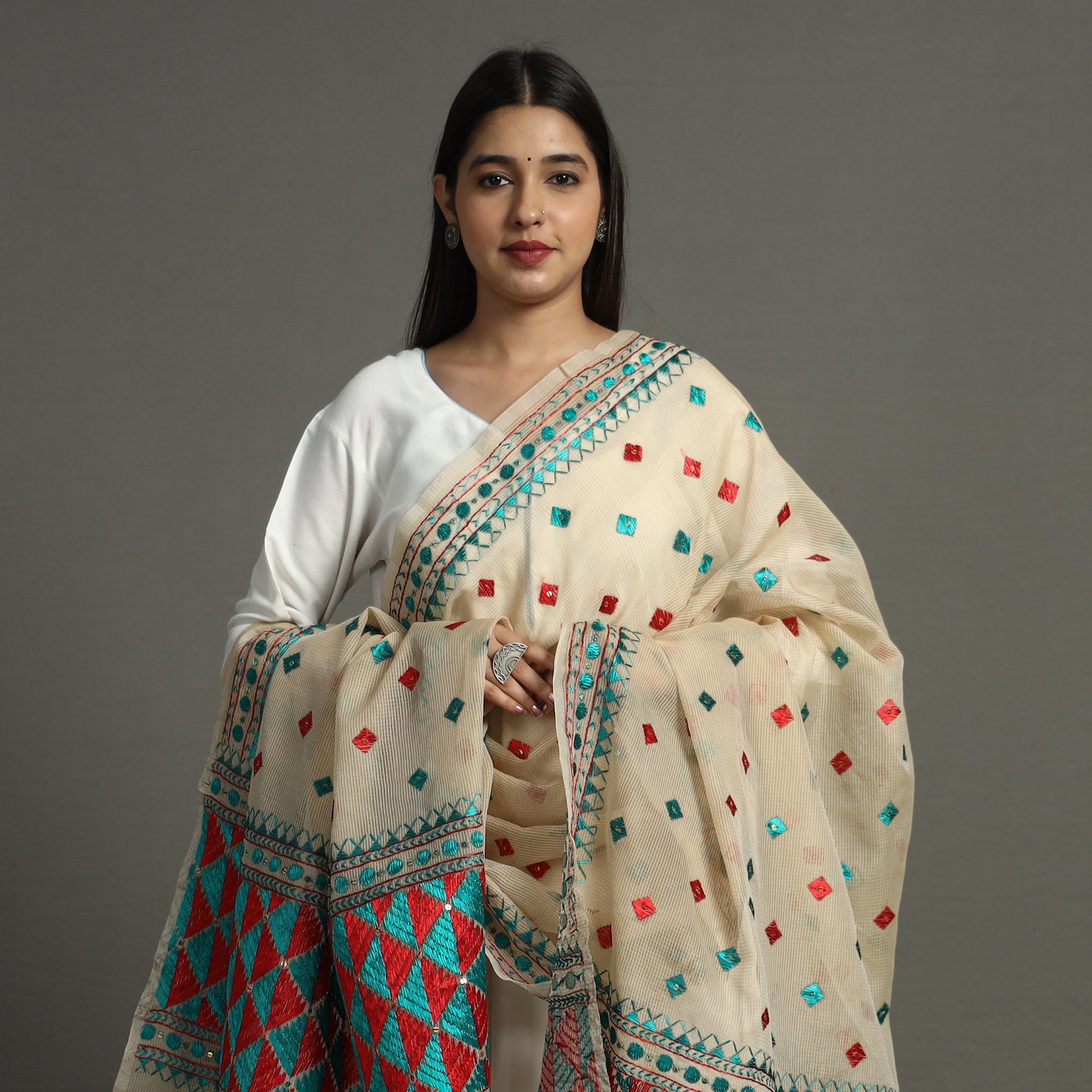 Beige - Phulkari Hand Embroidery Chanderi Silk Cotton Dupatta 25