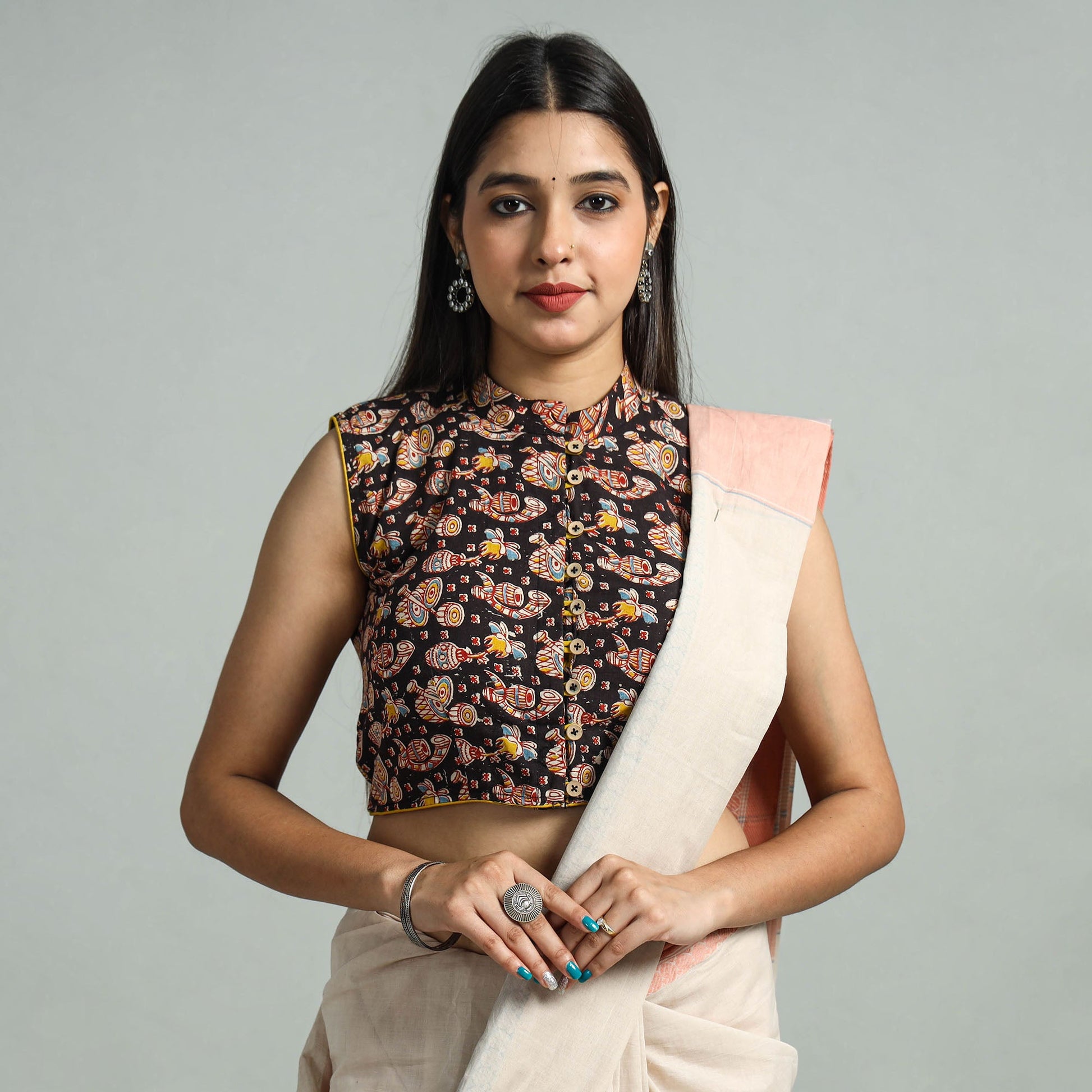 Black - Kalamkari Printed Cotton Stitched Blouse 04