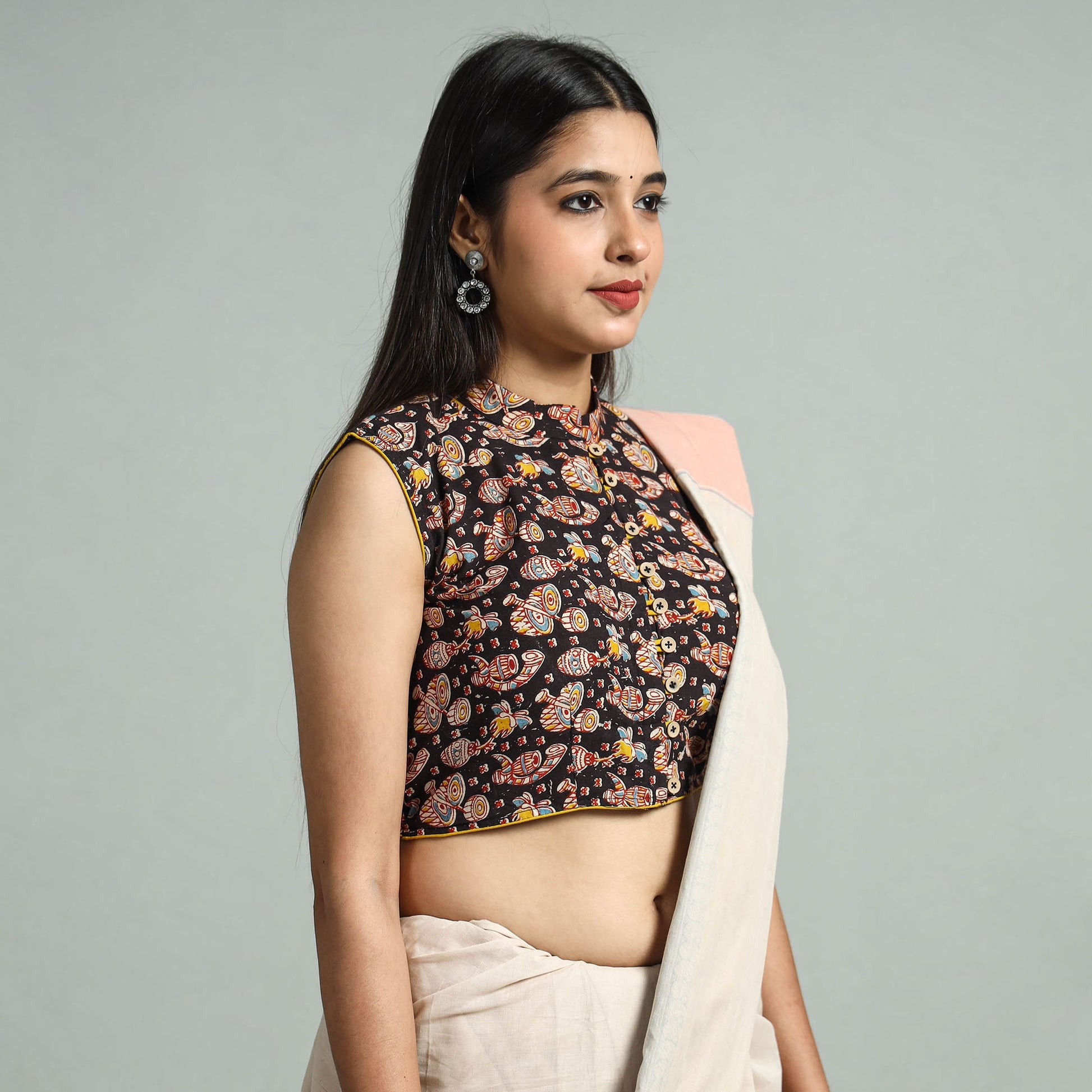 Black - Kalamkari Printed Cotton Stitched Blouse 04
