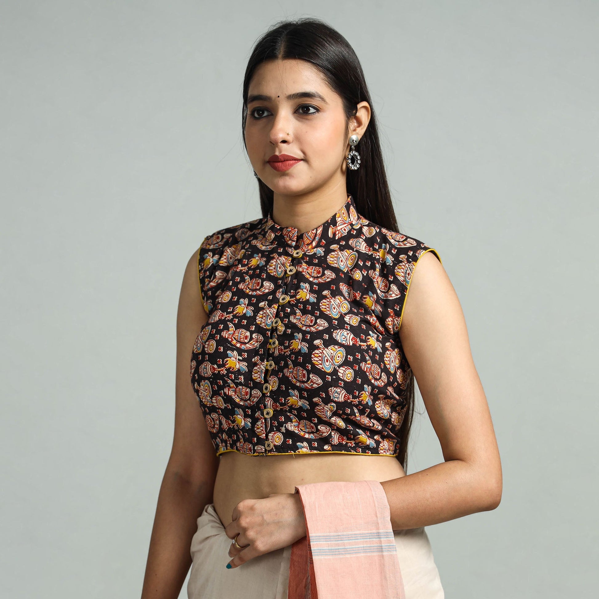 Black - Kalamkari Printed Cotton Stitched Blouse 04