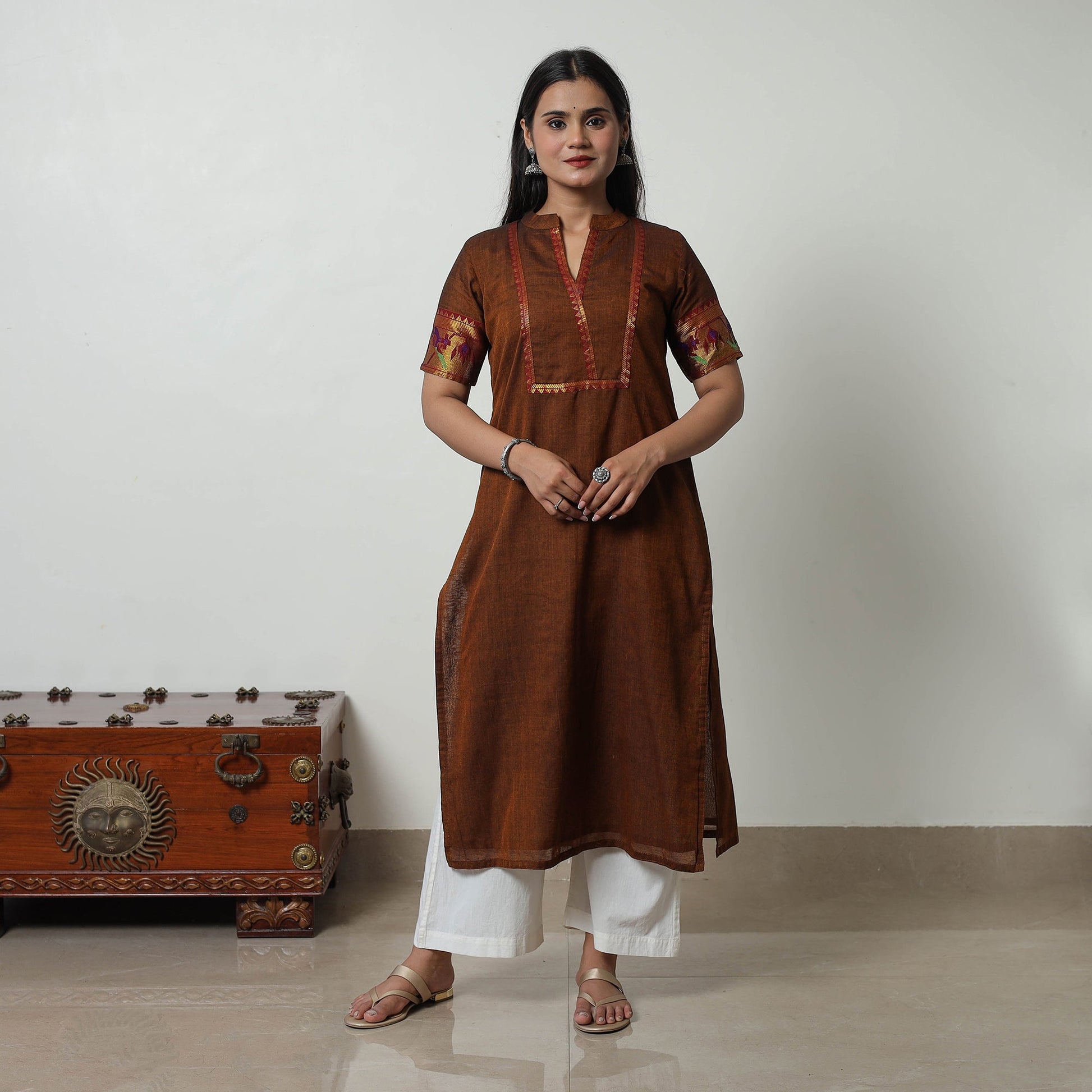 Brown - Dharwad Mercerised Cotton Straight Kurta 20