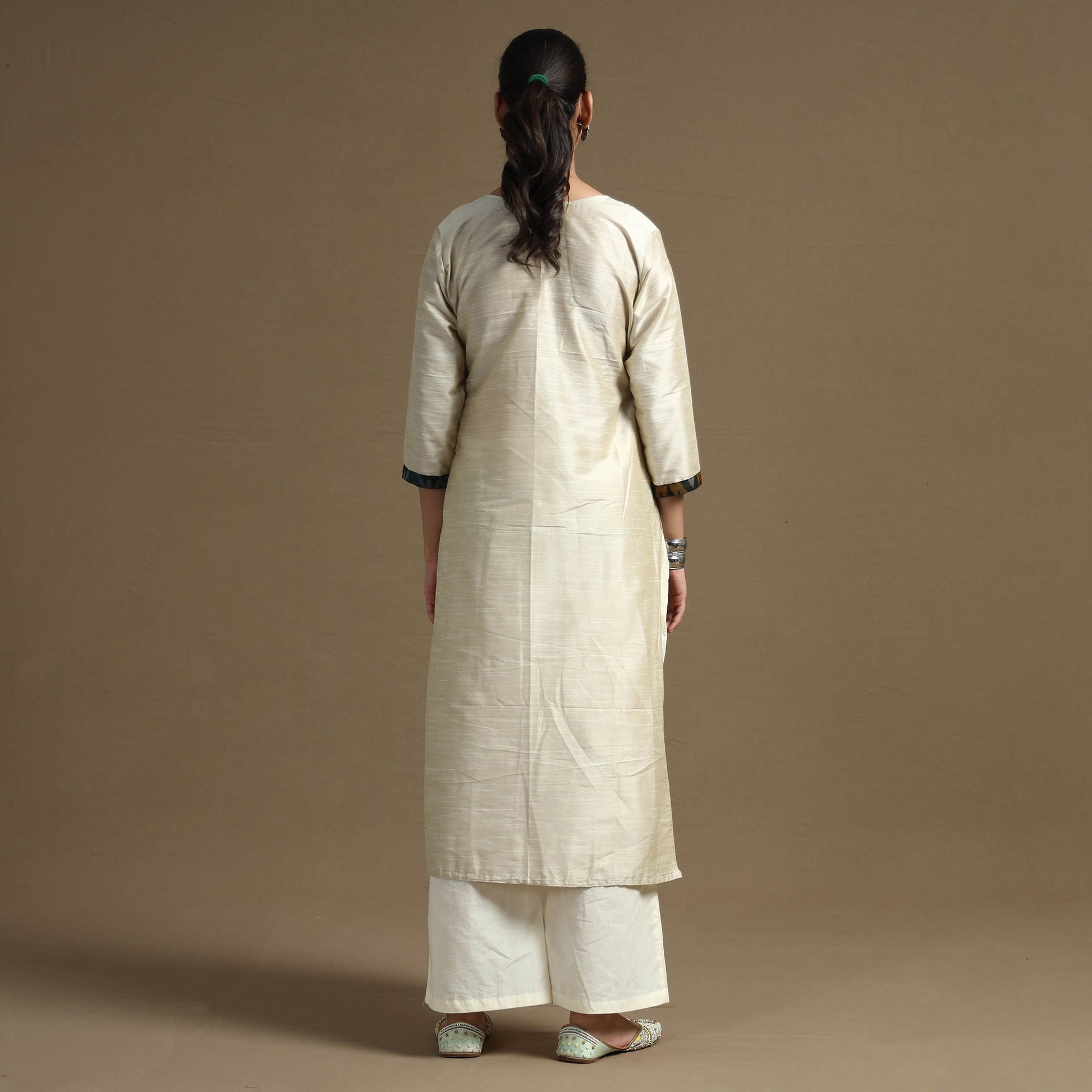 Beige - Plain Solid Slub Silk Straight Kurta