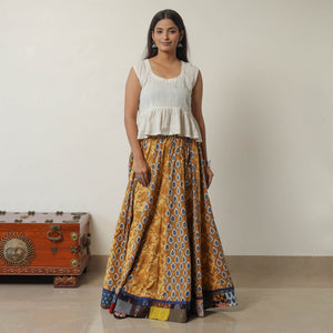Brown - Bagru Block Printed 24 Kali Patchwork Cotton Long Skirt 31