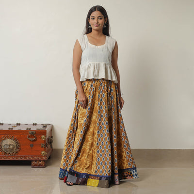 Brown - Bagru Block Printed 24 Kali Patchwork Cotton Long Skirt 31