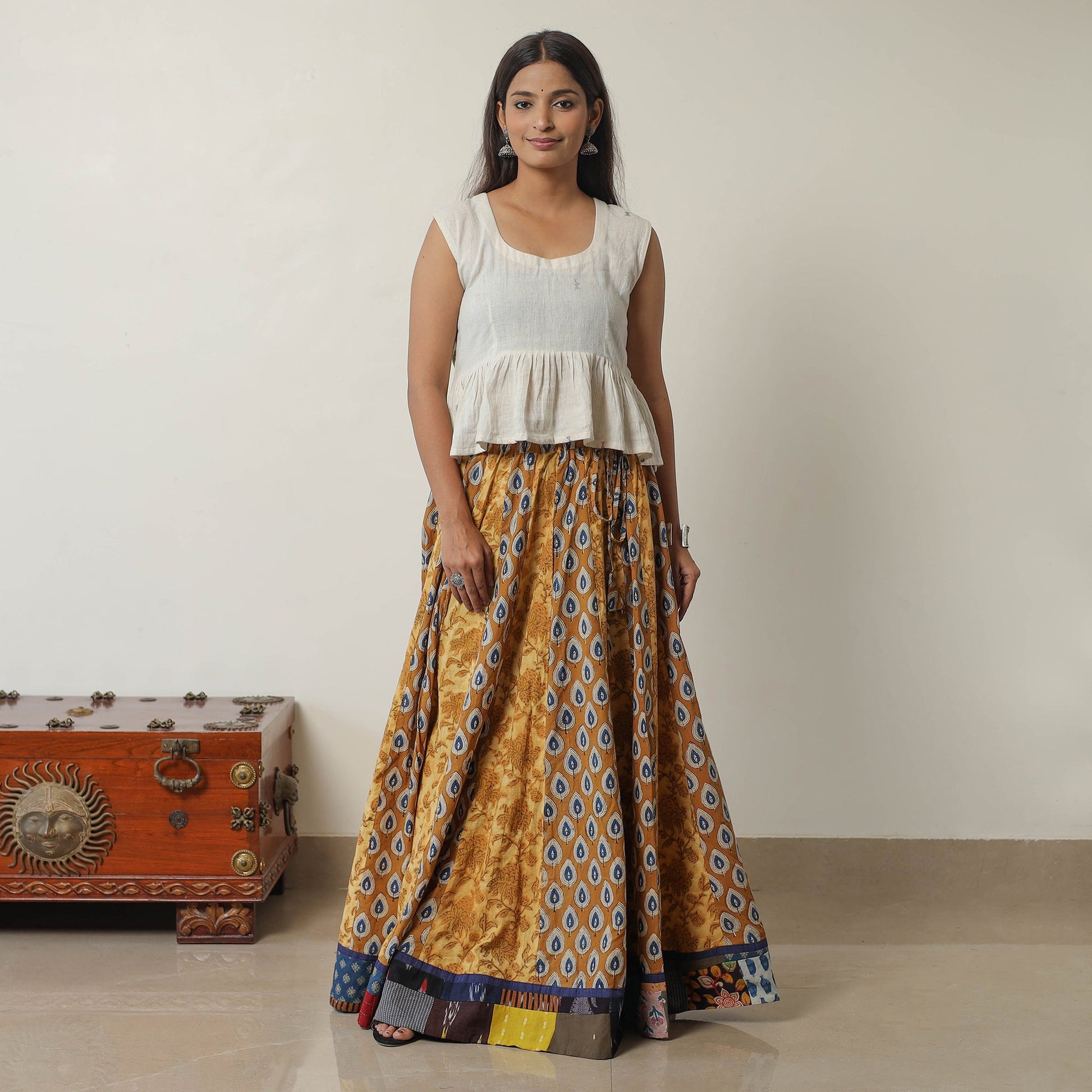 Brown - Bagru Block Printed 24 Kali Patchwork Cotton Long Skirt 31