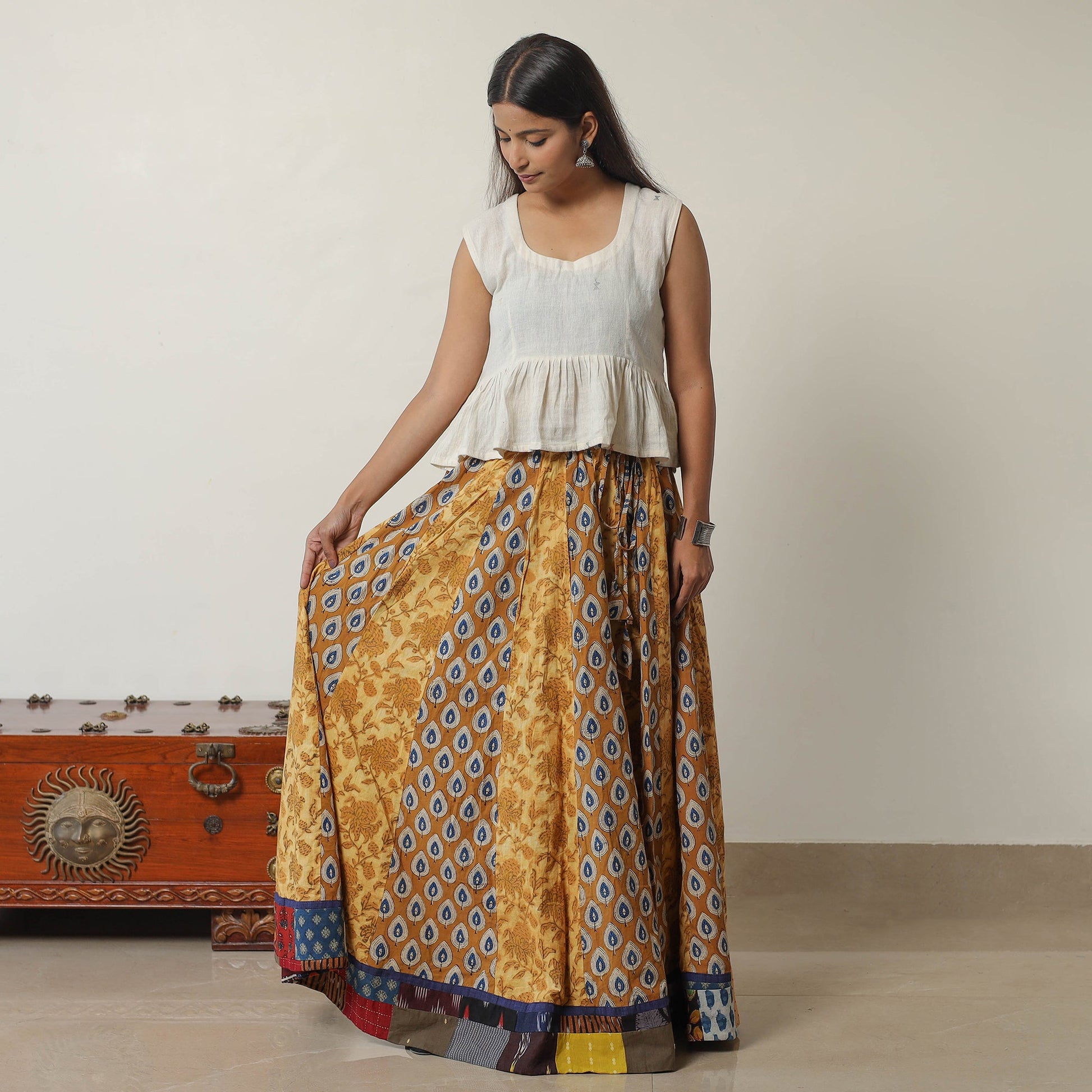 Brown - Bagru Block Printed 24 Kali Patchwork Cotton Long Skirt 31
