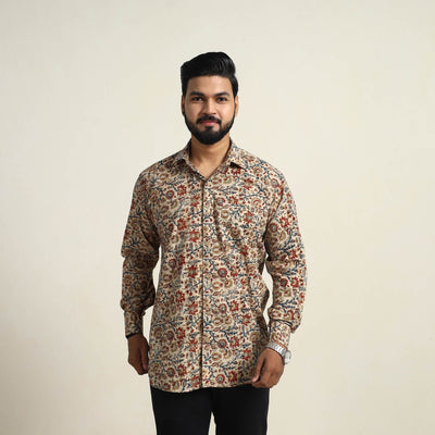 Beige - Pedana Block Print Cotton Men Kalamkari Shirt 13