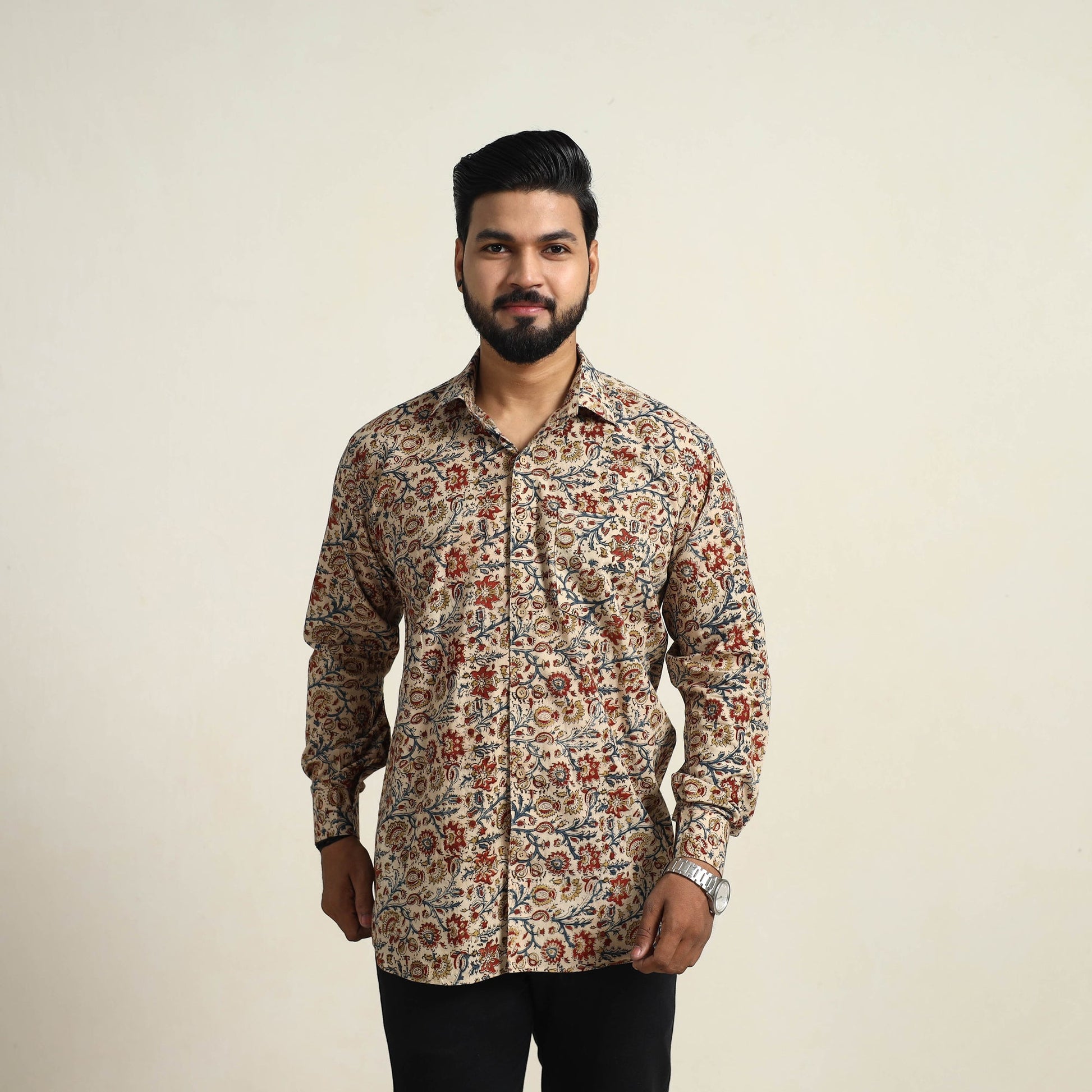 Beige - Pedana Block Print Cotton Men Kalamkari Shirt 13