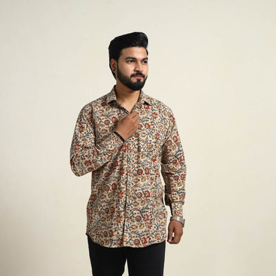 Beige - Pedana Block Print Cotton Men Kalamkari Shirt 13
