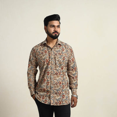 Beige - Pedana Block Print Cotton Men Kalamkari Shirt 13