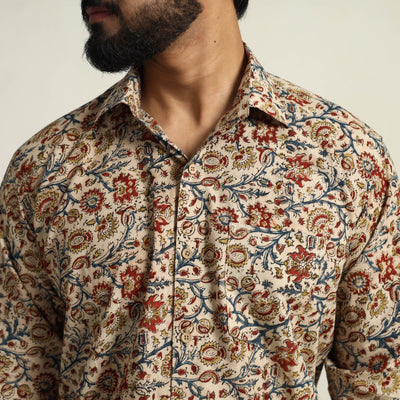 Beige - Pedana Block Print Cotton Men Kalamkari Shirt 13