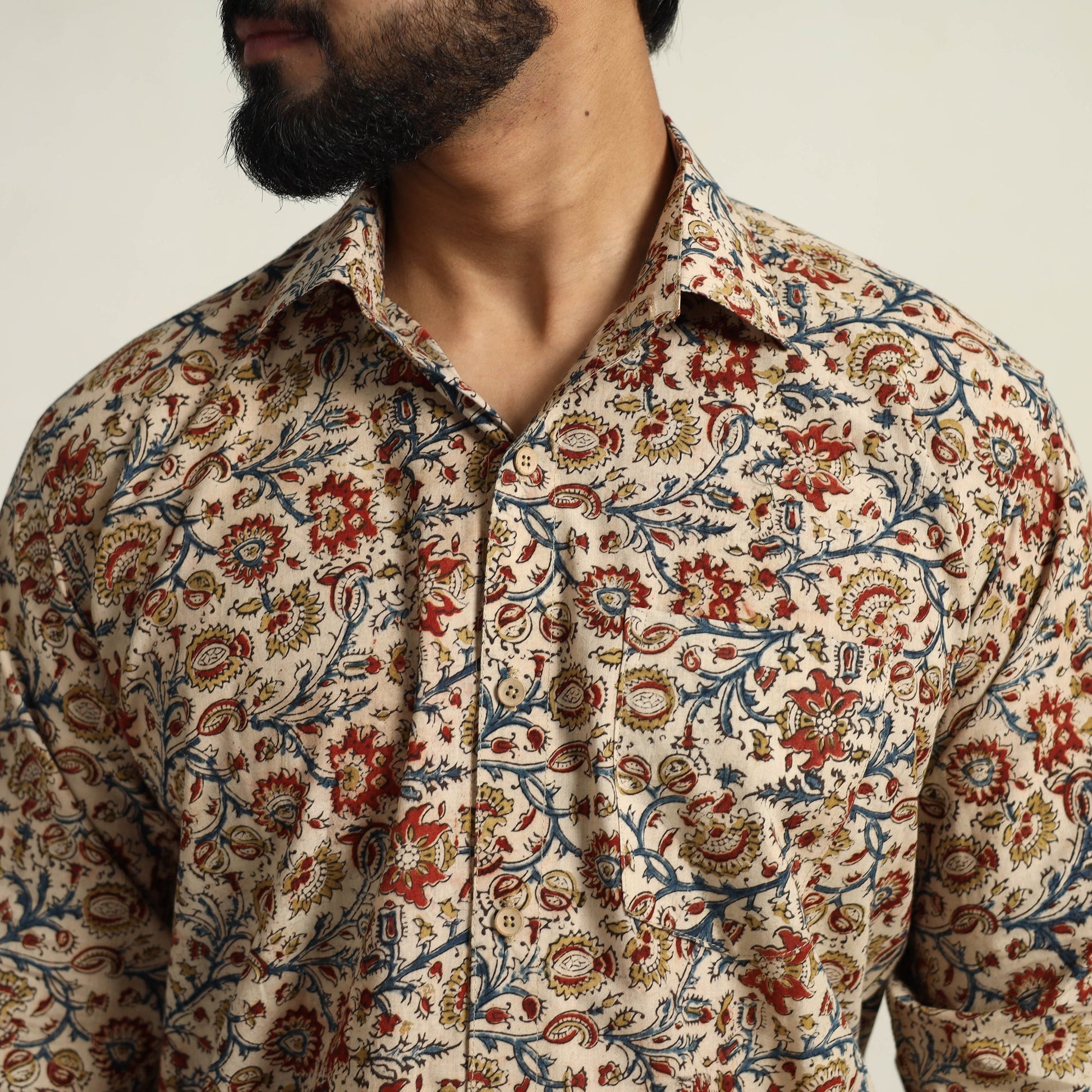 Beige - Pedana Block Print Cotton Men Kalamkari Shirt 13