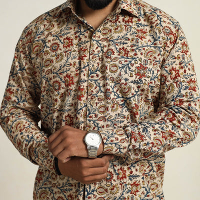 Beige - Pedana Block Print Cotton Men Kalamkari Shirt 13