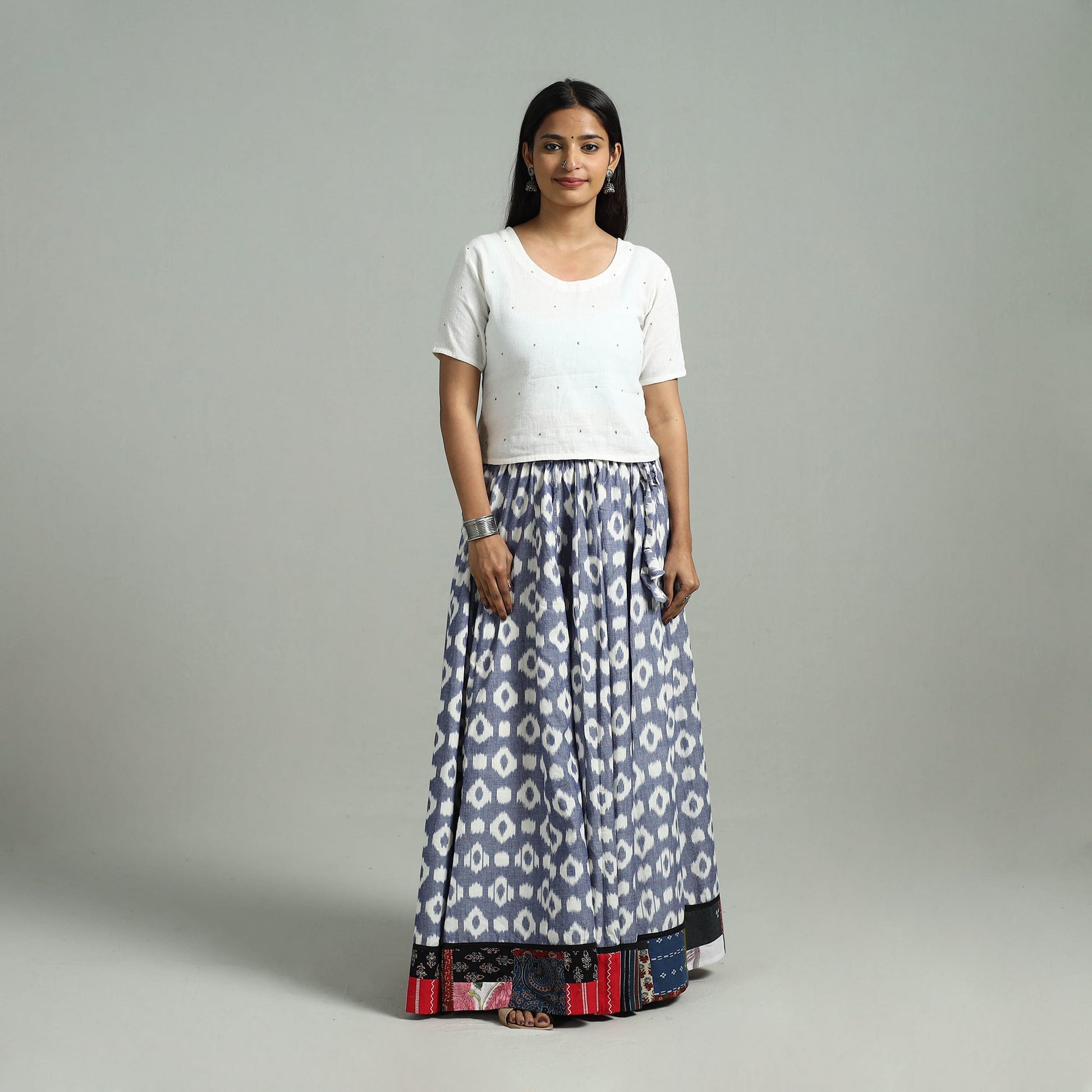 Blue - 24 Kali Patchwork Cotton Pochampally Ikat Skirt 32