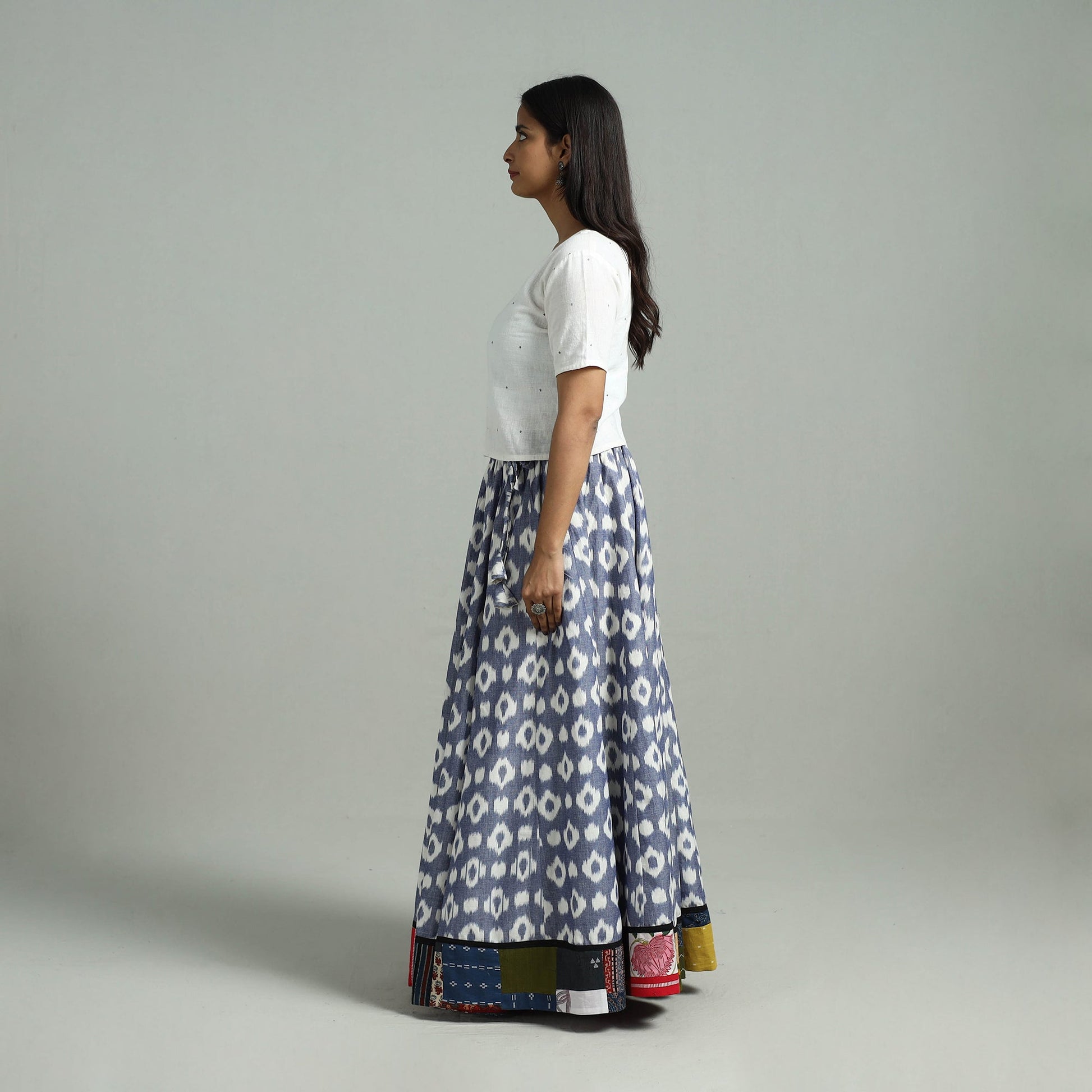 Blue - 24 Kali Patchwork Cotton Pochampally Ikat Skirt 32