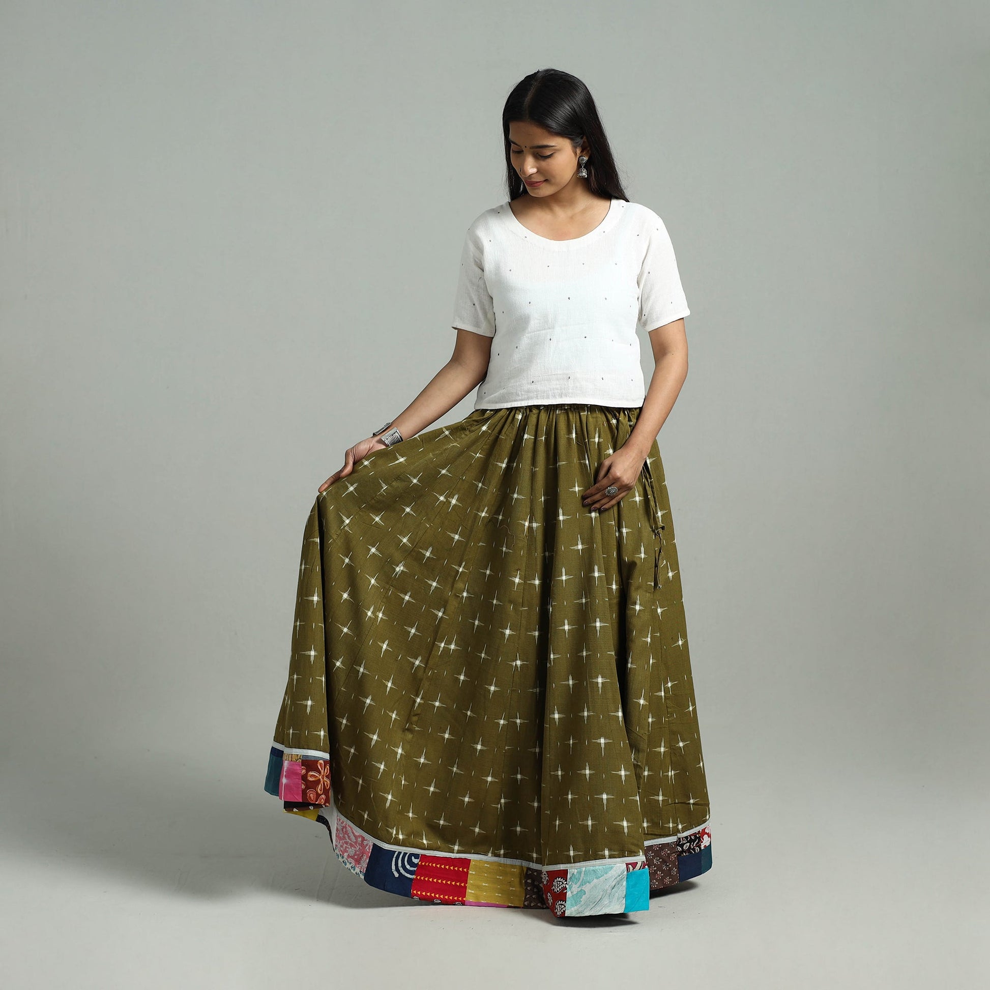Green - 24 Kali Patchwork Cotton Pochampally Ikat Skirt 33
