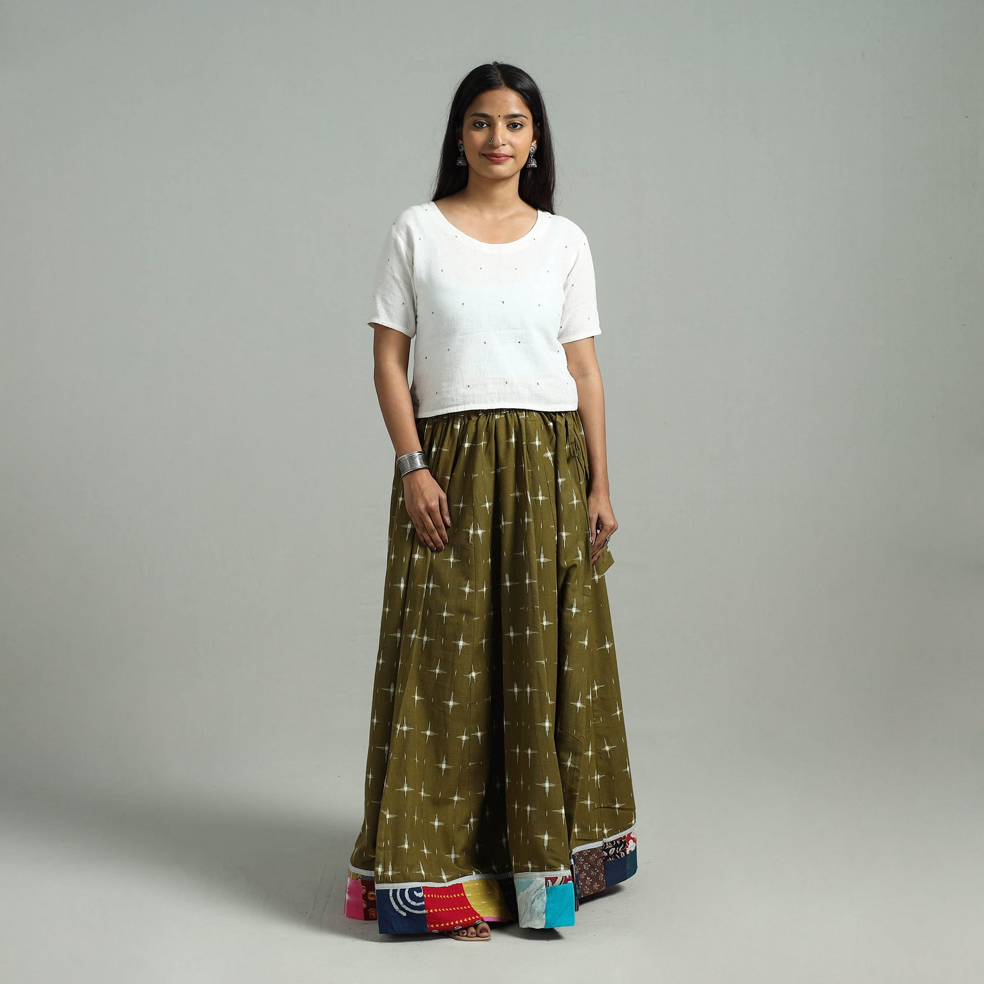 Green - 24 Kali Patchwork Cotton Pochampally Ikat Skirt 33