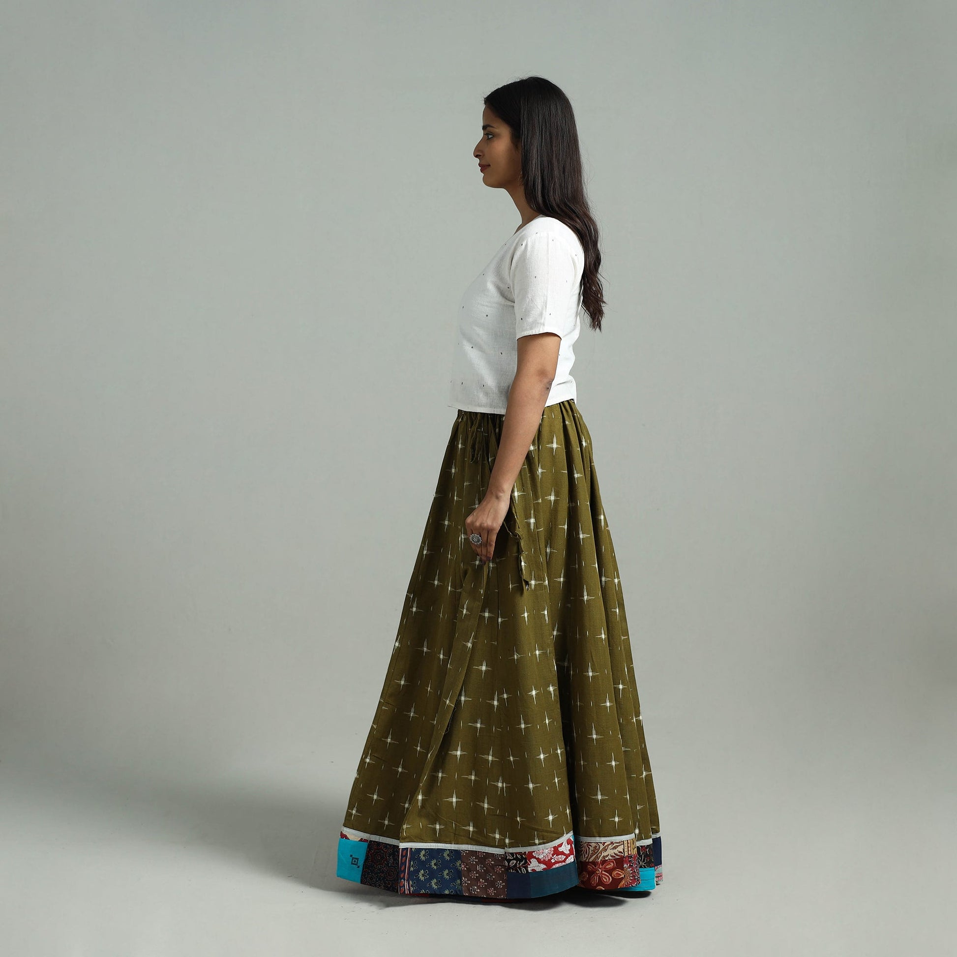 Green - 24 Kali Patchwork Cotton Pochampally Ikat Skirt 33