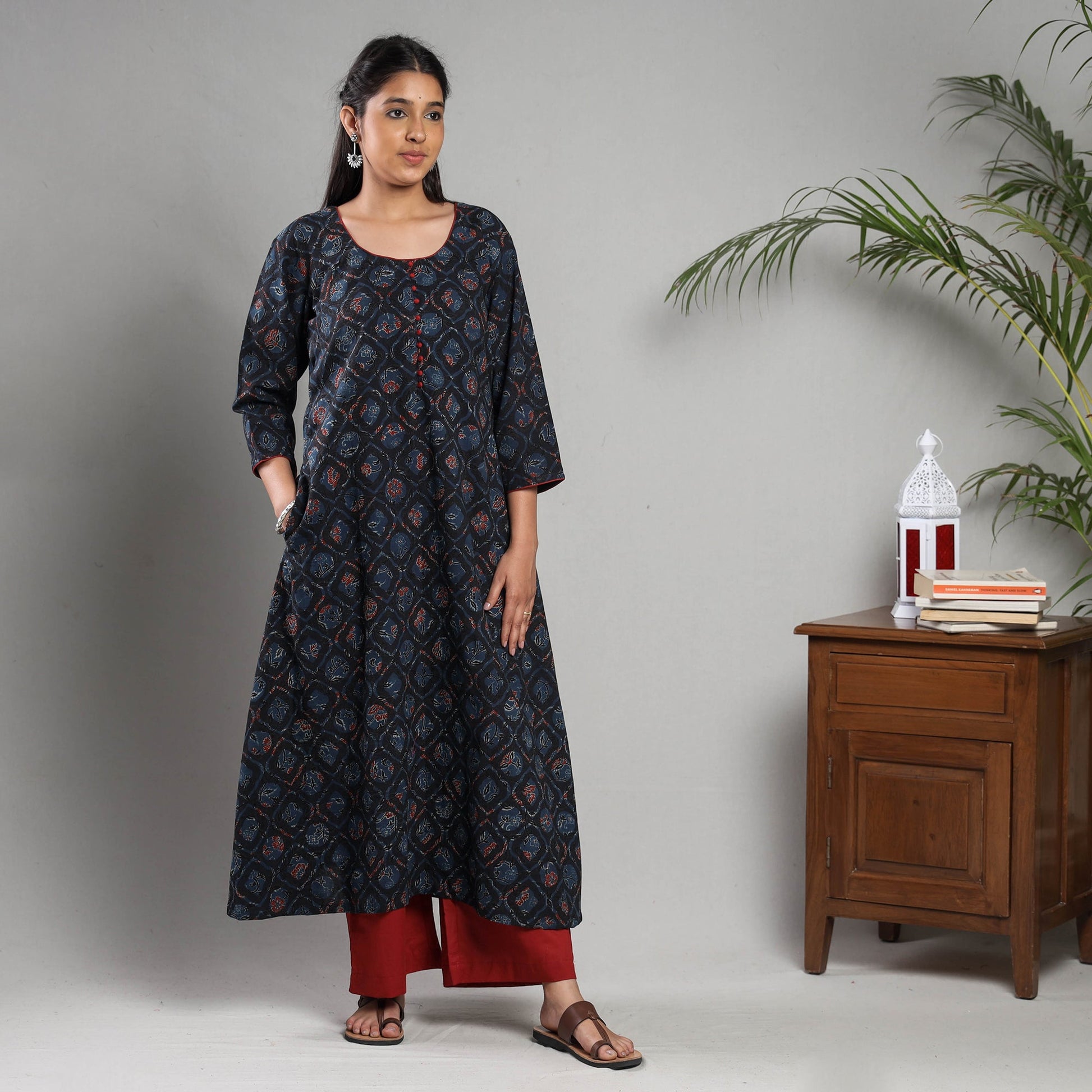 Black Indigo Ajrakh Block Printing Cotton Kurta with Palazzo Set