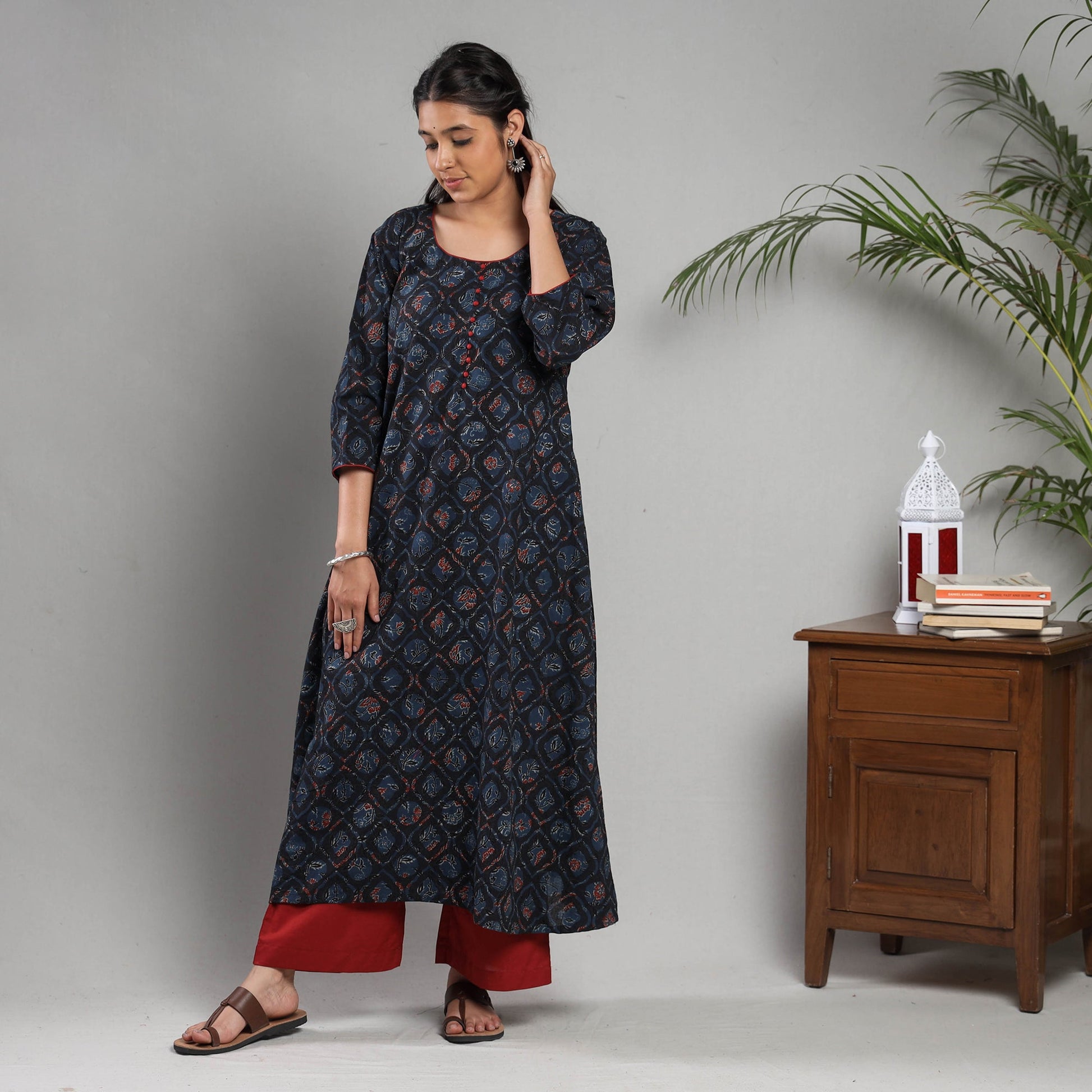Black Indigo Ajrakh Block Printing Cotton Kurta with Palazzo Set