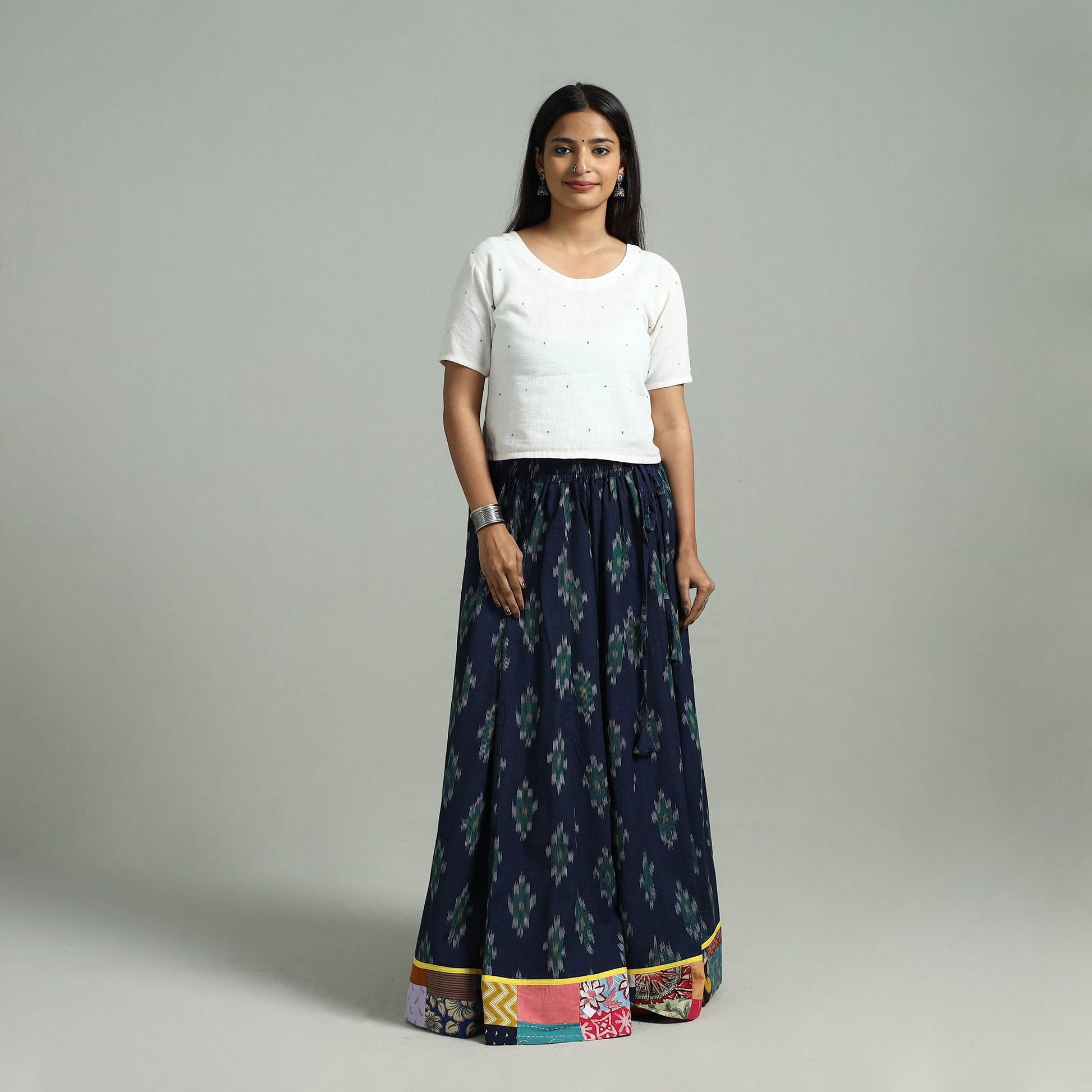 Blue - 24 Kali Patchwork Cotton Pochampally Ikat Skirt 35
