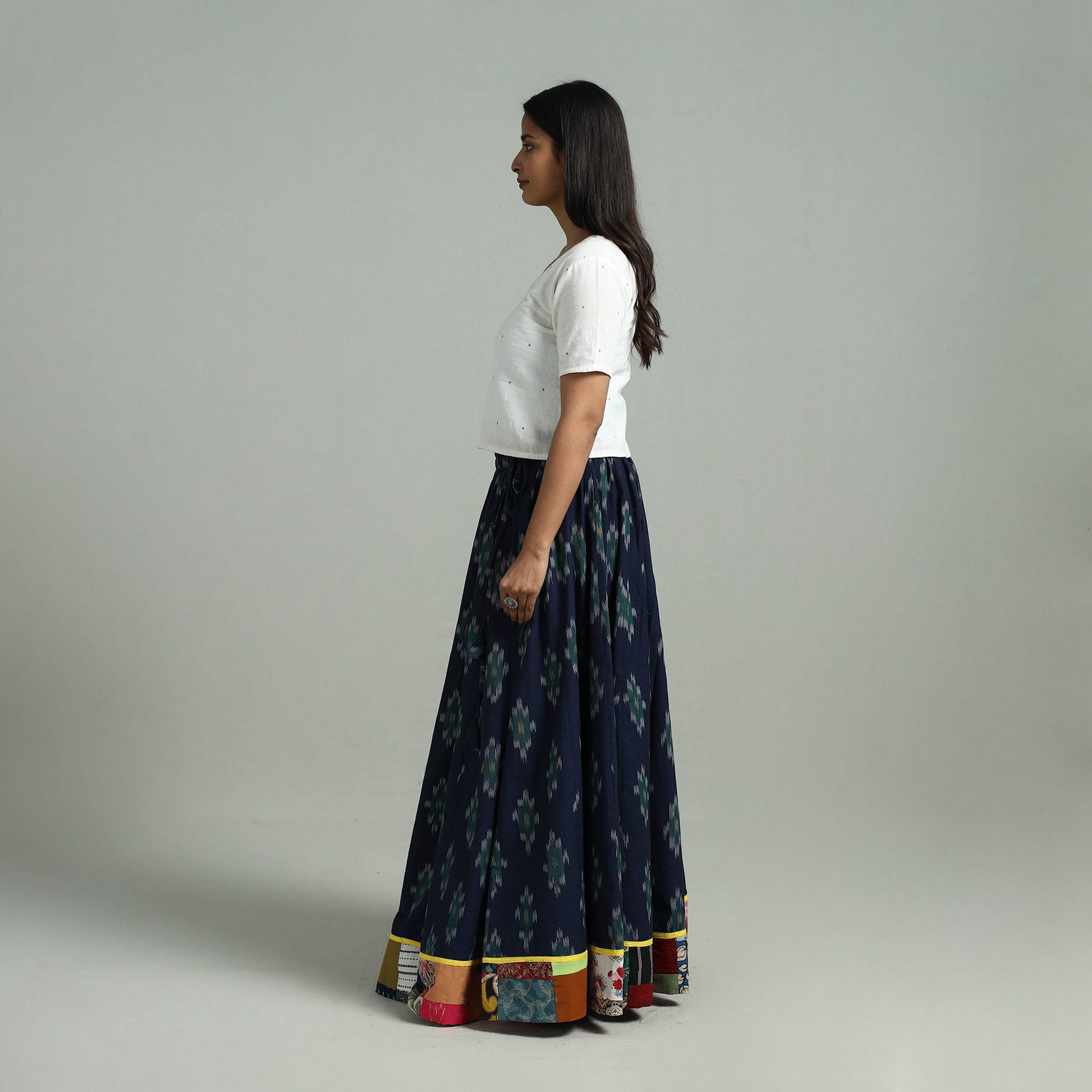 Blue - 24 Kali Patchwork Cotton Pochampally Ikat Skirt 35