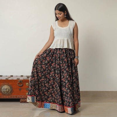 Black - Bagru Block Printed 24 Kali Patchwork Cotton Long Skirt 36