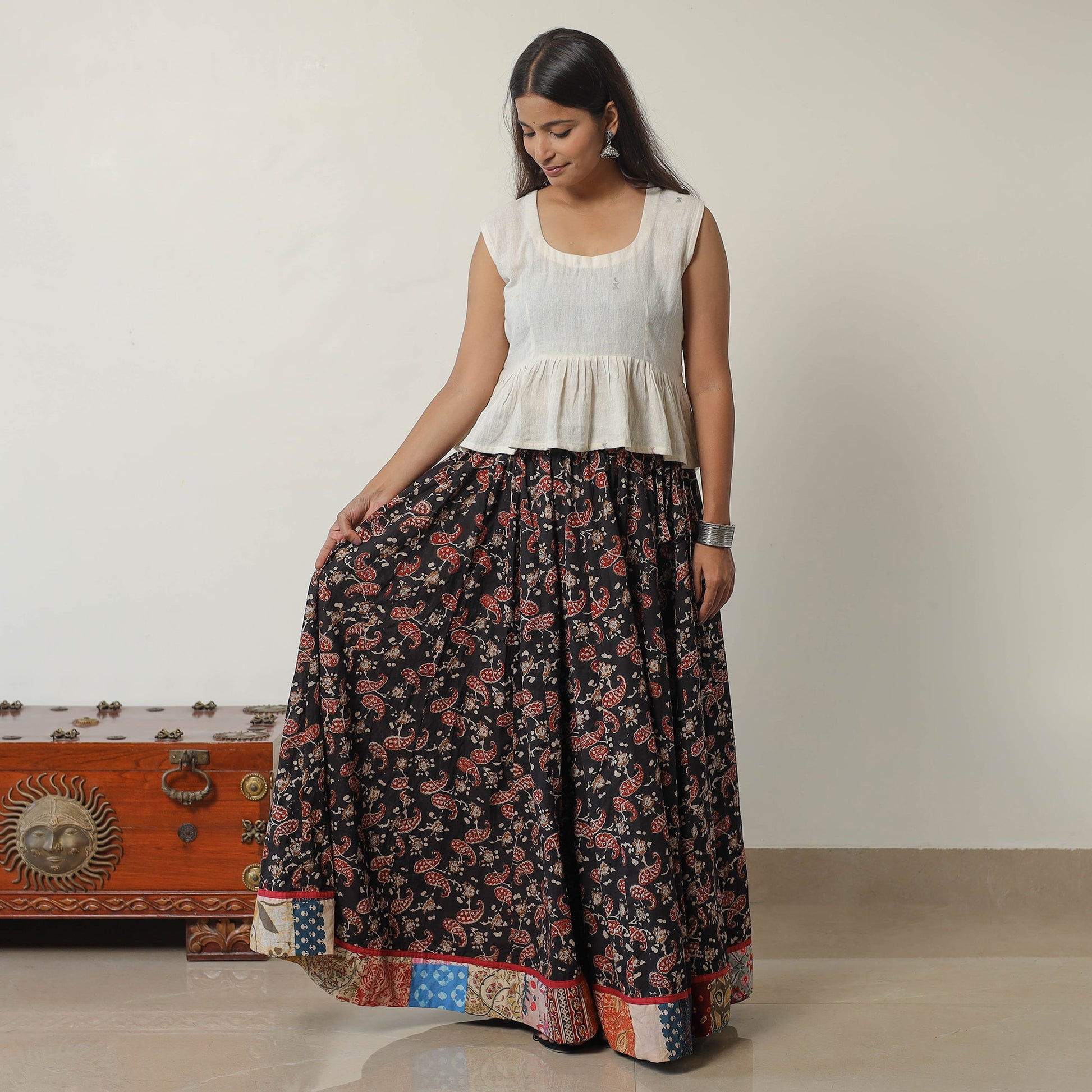 Black - Bagru Block Printed 24 Kali Patchwork Cotton Long Skirt 36