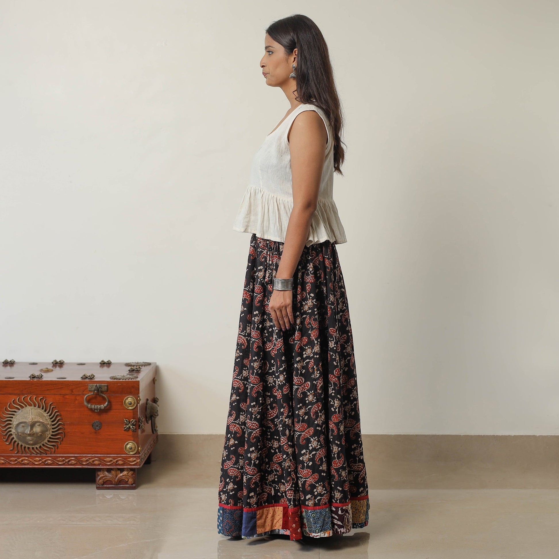 Black - Bagru Block Printed 24 Kali Patchwork Cotton Long Skirt 36