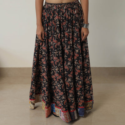 Black - Bagru Block Printed 24 Kali Patchwork Cotton Long Skirt 36