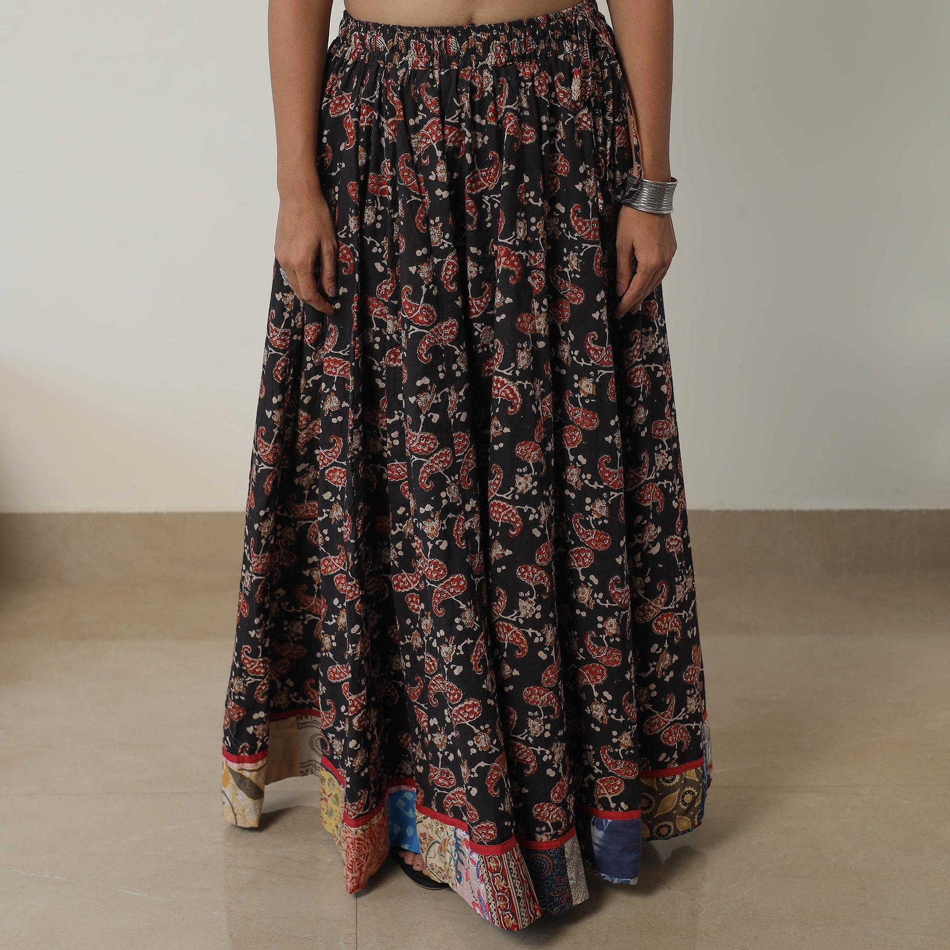 Black - Bagru Block Printed 24 Kali Patchwork Cotton Long Skirt 36