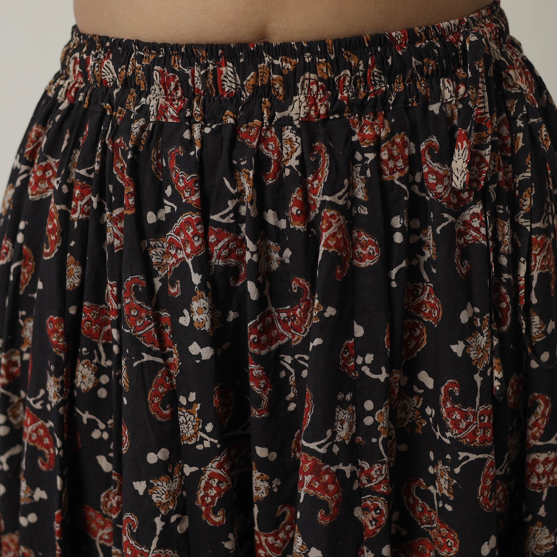 Black - Bagru Block Printed 24 Kali Patchwork Cotton Long Skirt 36