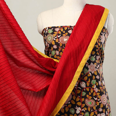 Black - 3pc Cotton Kalamkari Print Kurta with Plain Dupatta 05