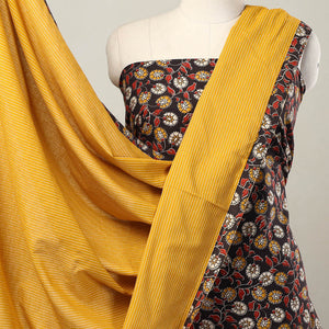 Black - 3pc Cotton Kalamkari Print Kurta with Plain Dupatta 06