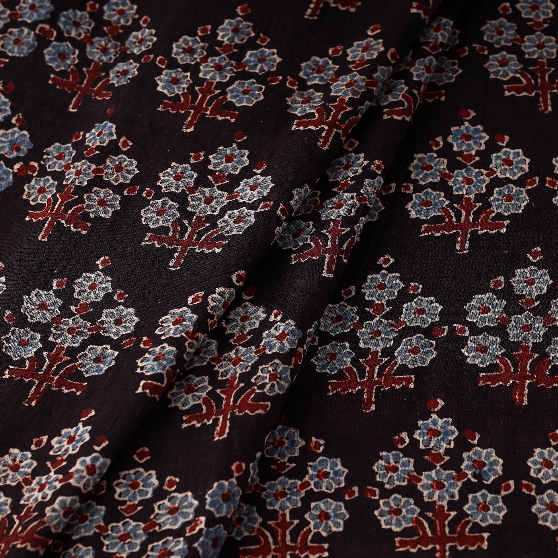 Black - Petunia Floral Bouquet Ajrakh Hand Block Printed Cotton Fabric