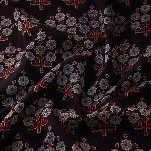 Black - Petunia Floral Bouquet Ajrakh Hand Block Printed Cotton Fabric