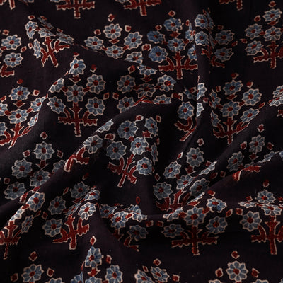 Black - Petunia Floral Bouquet Ajrakh Hand Block Printed Cotton Fabric
