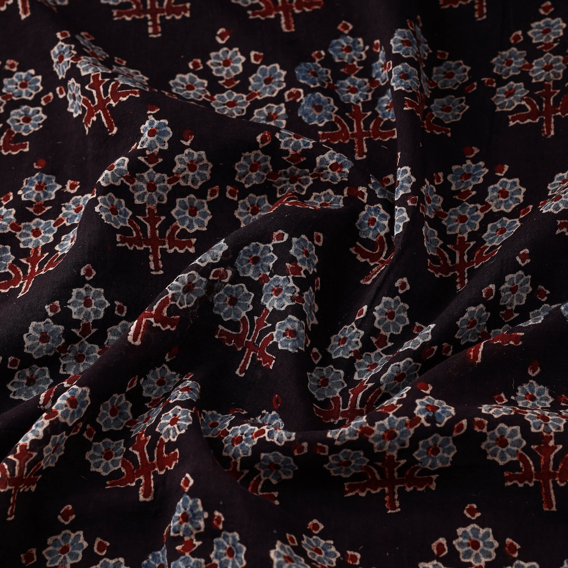 Black - Petunia Floral Bouquet Ajrakh Hand Block Printed Cotton Fabric