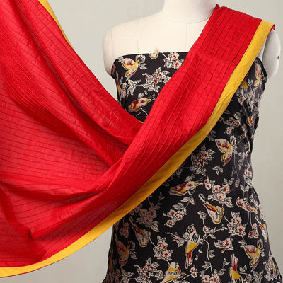 Black - 3pc Cotton Kalamkari Print Kurta with Plain Dupatta 10