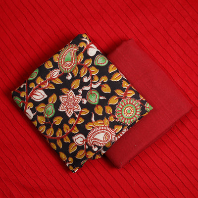 Black - 3pc Cotton Kalamkari Print Kurta with Plain Dupatta 05