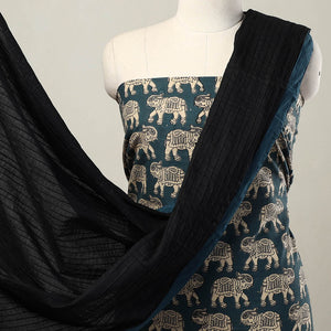 Blue - 3pc Cotton Kalamkari Print Kurta with Plain Dupatta 12
