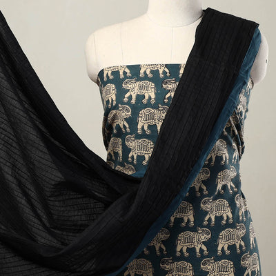 Blue - 3pc Cotton Kalamkari Print Kurta with Plain Dupatta 12