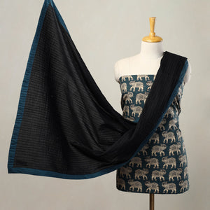 Blue - 3pc Cotton Kalamkari Print Kurta with Plain Dupatta 12