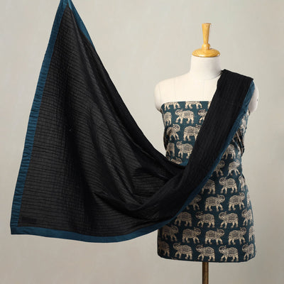 Blue - 3pc Cotton Kalamkari Print Kurta with Plain Dupatta 12