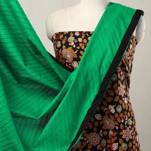 Black - 3pc Cotton Kalamkari Print Kurta with Plain Dupatta 15