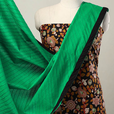 Black - 3pc Cotton Kalamkari Print Kurta with Plain Dupatta 15