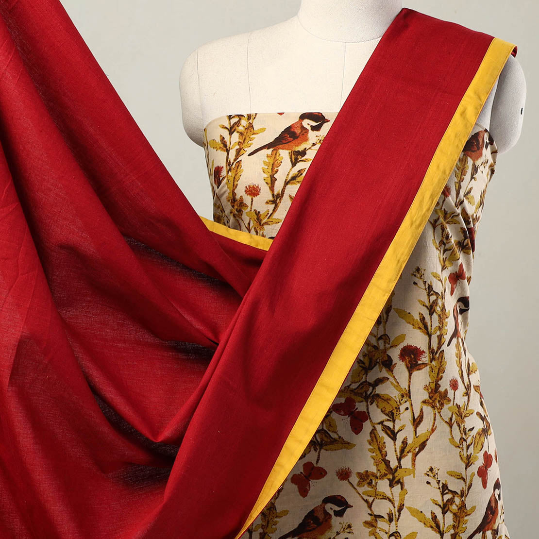 Beige - 3pc Cotton Kalamkari Print Kurta with Plain Dupatta 16