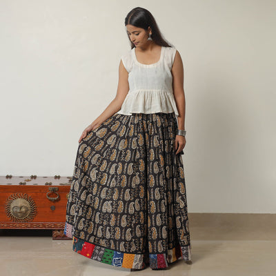 Black - Bagru Block Printed 24 Kali Patchwork Cotton Long Skirt 40