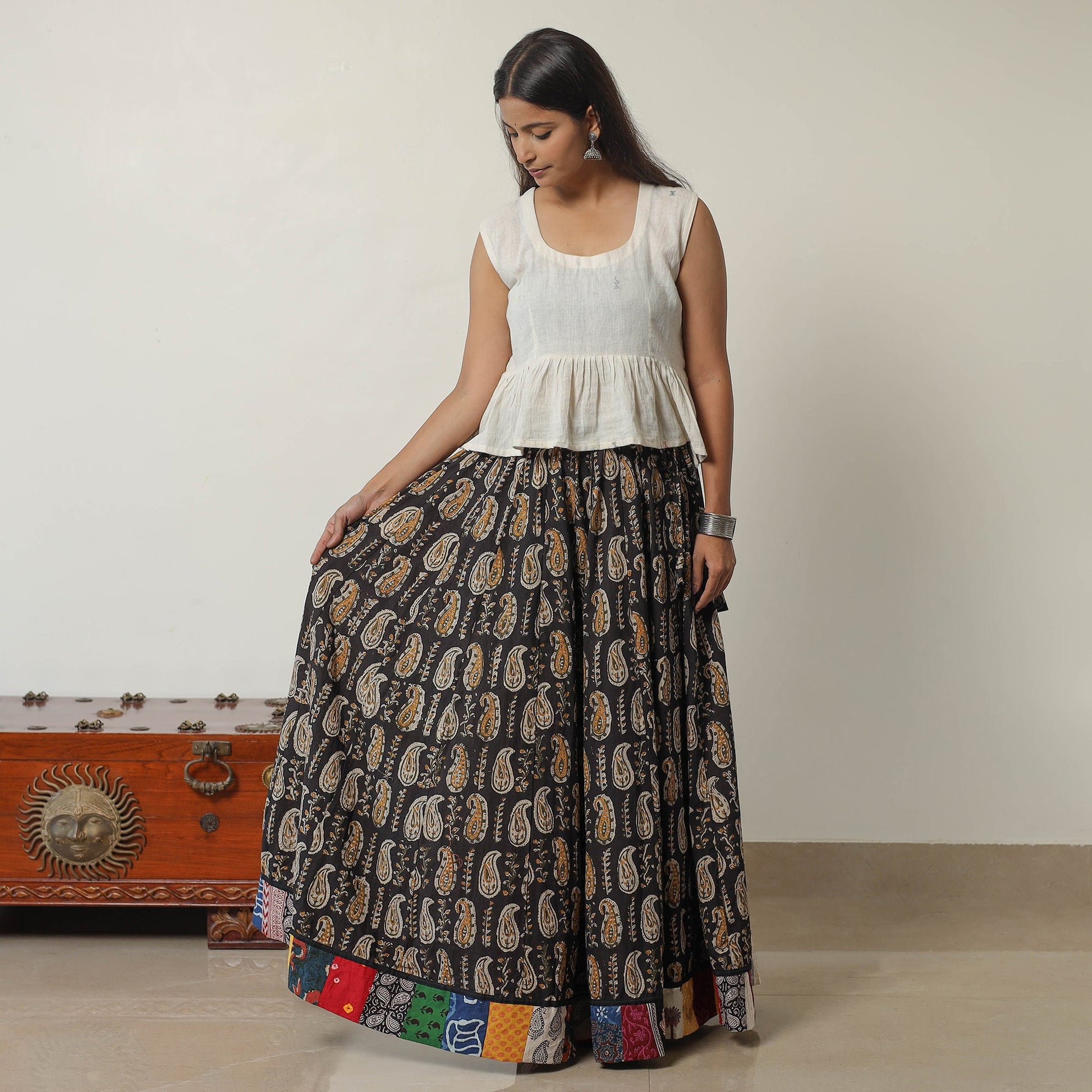 Black - Bagru Block Printed 24 Kali Patchwork Cotton Long Skirt 40